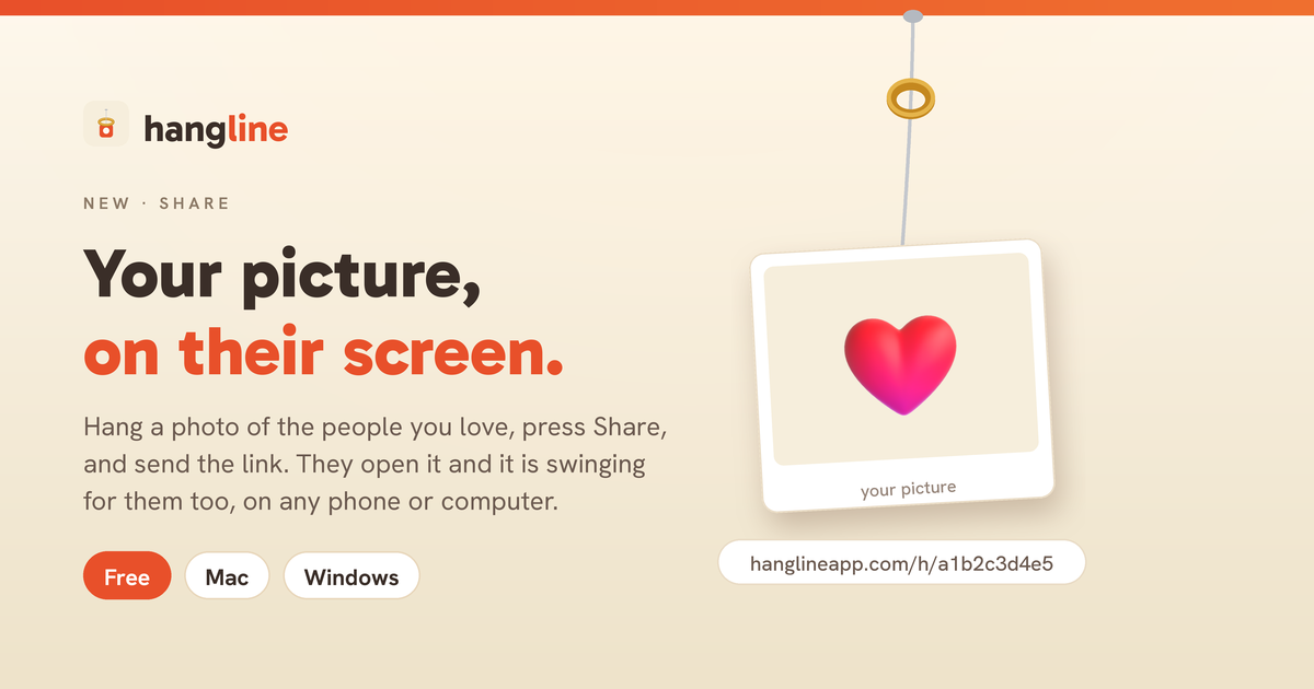 Share your image as an ornament: a framed picture hanging from a thread, with the share link underneath it